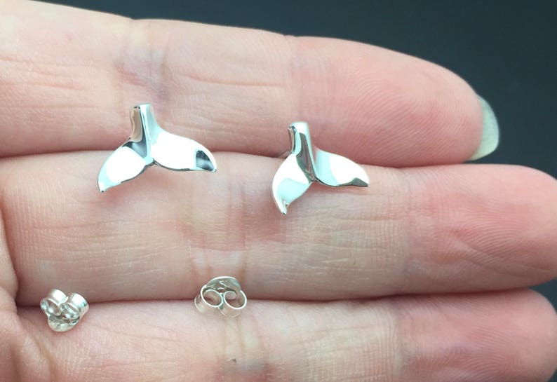 925 Sterling Silver fish studs Earrings, Tiny Sterling Silver Whale Tail Stud Earrings, Nautical Ocean Jewelry, Small Whale Studs image 1