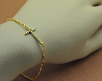 Vermeil Gold - clear CZ - Sideways Cross Bracelet, Celebrity inspired bracelet, trendy bracelet