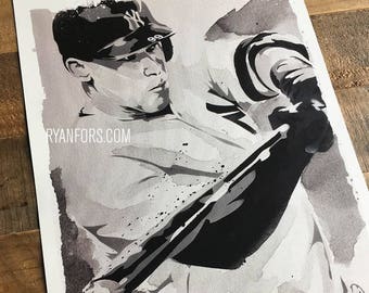 May include: Black and white illustration of a baseball player in a baseball uniform, wearing a cap with the letters "NY" on it, swinging a bat. The background is a light gray with white splatters of paint.