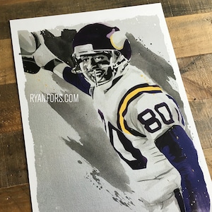 May include: A watercolor painting of a football player wearing a white jersey with purple and yellow accents. The player is wearing a purple helmet with a yellow Viking logo. The number 80 is visible on the jersey. The background is a gray and white abstract design. The text "RYANFORS.COM" is visible in the lower left corner.