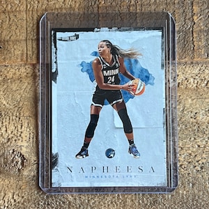 May include: A basketball trading card featuring a female basketball player wearing a black jersey with the text "MINN 24" on the front. The player is dribbling a basketball with the text "SPALDING" on it. The card has a white background with a blue watercolor design and the text "NAPHEESA MINNESOTA LYNX" at the bottom.