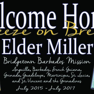 K&ouml;nnte beinhalten: Willkommen zu Hause Cheeze on Bread Elder Miller, ein Banner mit schwarzem Hintergrund und wei&szlig;em Text. Das Banner enth&auml;lt auch Bilder von Menschen am Strand, einer Flagge von Barbados und einer Gruppe von Menschen, die in einem Gew&auml;sser stehen.