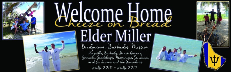 K&ouml;nnte beinhalten: Willkommen zu Hause Cheeze on Bread Elder Miller, ein Banner mit schwarzem Hintergrund und wei&szlig;em Text. Das Banner enth&auml;lt auch Bilder von Menschen am Strand, einer Flagge von Barbados und einer Gruppe von Menschen, die in einem Gew&auml;sser stehen.