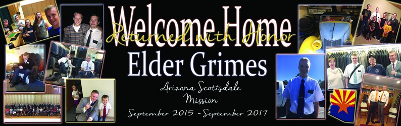 K&ouml;nnte beinhalten: Willkommen zu Hause mit Ehre Elder Grimes, Arizona Scottsdale Mission, September 2015 - September 2017. Eine Collage von Fotos, die die Heimkehr eines Missionars feiern.