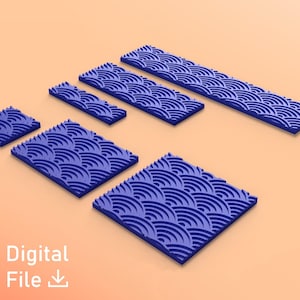 Puede incluir: Colección de baldosas azules con diseño de olas en varios tamaños, dispuestas sobre un fondo naranja. Las baldosas incluyen cuadrados y rectángulos, con un icono de archivo digital en la esquina inferior izquierda.