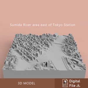 May include: A 3D model of the Sumida River area east of Tokyo Station. The model is a light gray color and shows the buildings and river in detail. The words "3D MODEL" and "Digital File" are also visible.
