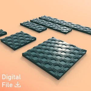 May include: Several dark teal geometric tiles with a honeycomb design, in different sizes, are displayed against a light orange backdrop. The image includes the text "Digital File" and an STL file icon.