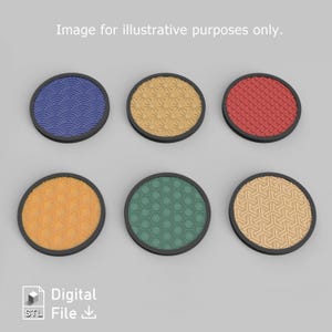 May include: Six round coasters with textured designs in blue, yellow, red, orange, green, and tan, each with a black border. The image includes the text "Digital STL File".