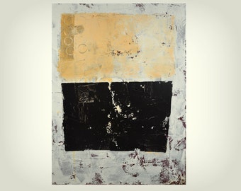 Pastel Yellow Black Painting, Black Abstract Painting, Original Black Yellow and White Abstract Acrylic Painting on 18" x 24" Canvas