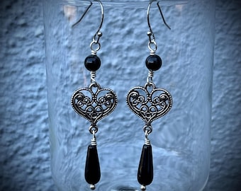 Onyx Heart Drop Earrings: Sterling Silverfill Wire, Hypoallergenic