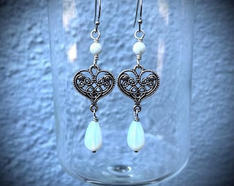 Moonstone Heart Drop Earrings: Sterling Silverfill, Hypoallergenic