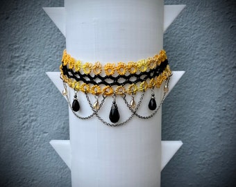 Black & Yellow Lace Choker: Tatted Vegan Necklace with Beads