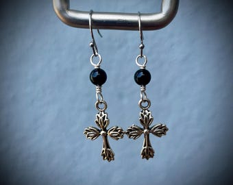 Onyx Cross Earrings: Sterling Silverfill Wire, Hypoallergenic Jewelry