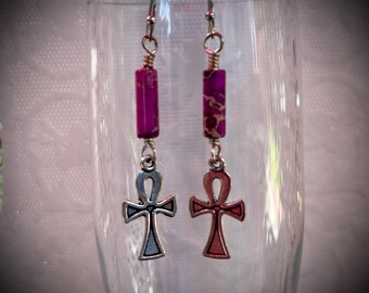 Purple Jasper Ankh Earrings: Sterling Silverfill, Hypoallergenic Gothic Jewelry