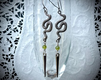 Peridot Snake Spike Earrings: Gothic Serpent Jewelry