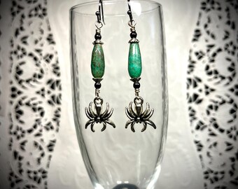Green Moss Opal Spider Earrings: Gothic Halloween Jewelry