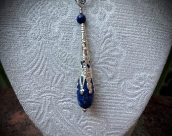 Lapis Lazuli Necklace: Filigree Cap, Gothic Dark Crystal Pendant