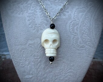 Bone Carved Skull Necklace: Agate, Stainless Steel Chain, Goth Jewelry