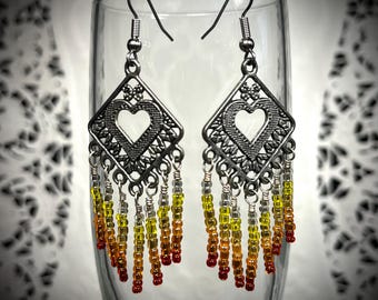 Sunset Heart Beaded Dangle Earrings: Hypoallergenic Surgical Steel