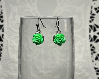 Green Rose Earrings: Surgical Steel Floral Jewelry