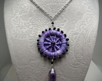Amethyst Dorset Button Necklace: Handwoven Fiber Art, Hypoallergenic Chain