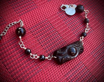 Black Agate Eye Bracelet: Silverfill Steel Chain, Gothic Esoteric Jewelry