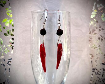 Red Coral Spike Earrings: Onyx Sterling Silverfill, Gothic Punk Jewelry