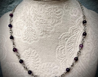 Amethyst-Halskette mit Edelstahlkette und Komponenten, handgefertigte Kette, Rosenkranzkette, natürlicher und echter Amethyst-Edelstein