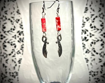 Cutlass Sword Earrings: Red Jasper, Hypoallergenic Steel Wires