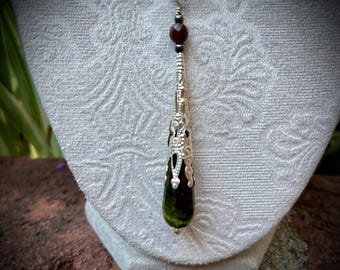 Moss Green Agate Drop Necklace: Filigree Cap, Gothic Dark Crystal