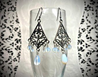 Faux Opal Chandelier Earrings: Victorian Style, Hypoallergenic