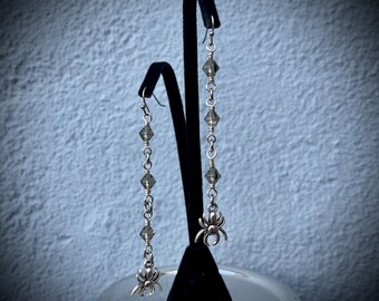 Spider Rosary Earrings: Gray Glass, Hypoallergenic Gothic Jewelry