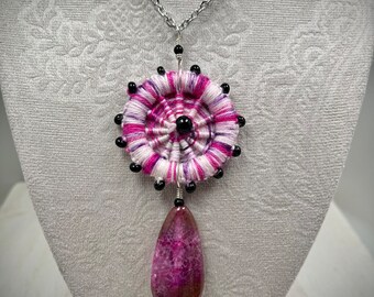Pink Agate Dorset Button Necklace: Handwoven Fiber Art, Hypoallergenic Chain