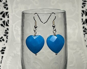 Faceted Blue Heart Earrings: Surgical Steel Wires, Romantic Jewelry