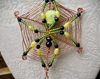 Spider Web Necklace: African Turquoise, Onyx, Jade, and Copper Goth Pendant