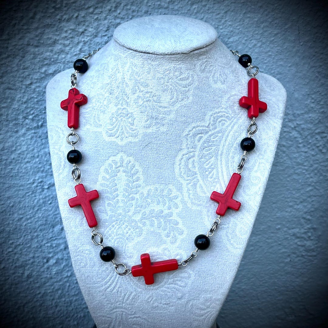 Red Howlite Cross Necklace, Black Onyx Beads, Silverfill Chain - Etsy