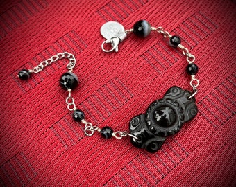 Black Agate Evil Eye Bracelet: Silverfill Steel Adjustable Goth Jewelry