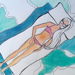 Adult coloring book page girl sunbathing in pool by Diane Bronstein image 3