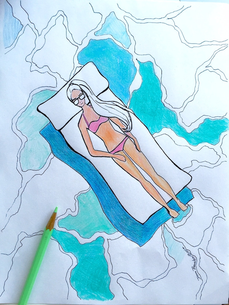 Adult coloring book page girl sunbathing in pool by Diane Bronstein image 2