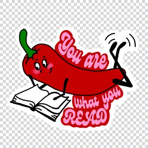 Könnte beinhalten: Eine rote Chilischote als Comicfigur liest ein Buch mit dem Text "You are what you READ" in rosa Buchstaben.