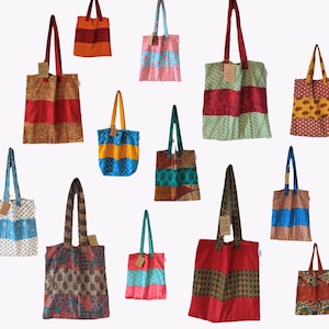 Upcycled Silk Tote Shopping or School Bag - using recycled sari fabric and made by upskilled, empowered women