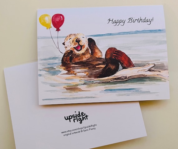 Carte Daquarelle De Loutre De Mer De Joyeux Anniversaire Etsy France