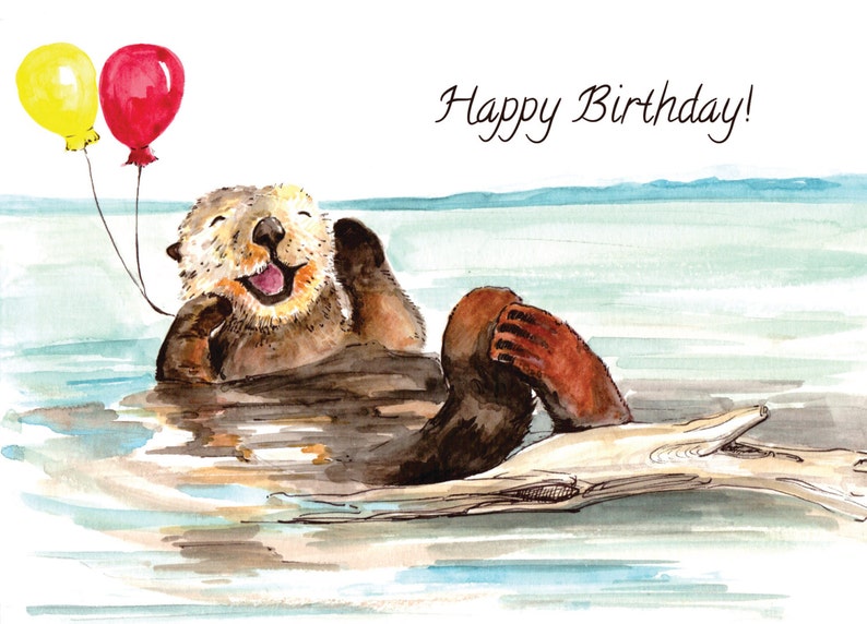 Happy Birthday Sea Otter Watercolor Card | Etsy