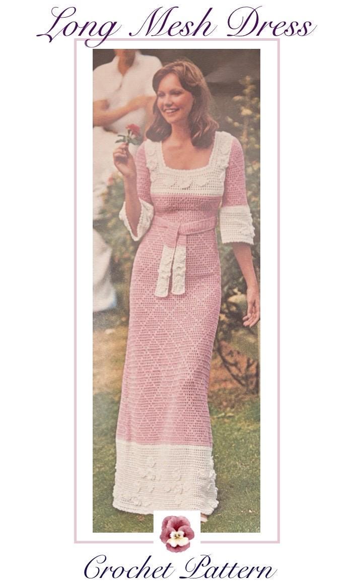 CROCHET PATTERN Vintage Womens Long Filet-Mesh Dress Pattern 1975 Retro PDF Instant Download