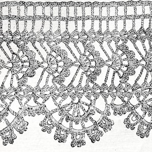 May include: Black and white illustration of a crochet lace pattern. The design features a repeating pattern of fan-shaped elements and delicate openwork, suitable for various craft projects. The intricate details showcase the texture and complexity of the crochet technique.