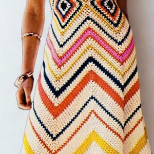 CROCHET PATTERN Vintage Womens Long striped Chevron Dress 34/36” Bust #330 PDF Digital Download