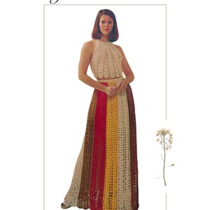 Könnte beinhalten: Häkel-Set aus Haltertop und Rock. Das Top und der Rock sind cremefarben, der Rock hat vertikale Streifen in Braun, Rot, Gelb und Creme. Der Text "Matching Halter and Skirt #383" und "Crochet Pattern" sind im Bild zu sehen.