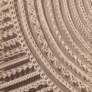 May include: An array of various lace trims in cream color, arranged in curved rows. Each trim features unique patterns and textures, with numbers printed alongside each design. The background is a muted brown.