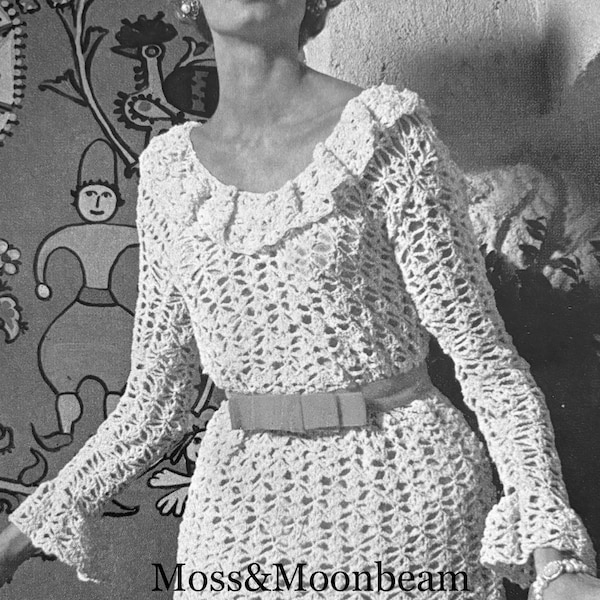 CROCHET PATTERN Vintage Ruffled Dress Pattern 1970s Instructions are for Small, medium and large. PDF Instant Download.