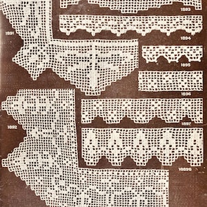 May include: A page featuring various white crochet lace patterns. The designs include different edging styles and corner pieces, each with a unique texture and shape. Numbers 1891 through 1898 are printed on the page, indicating the different patterns.